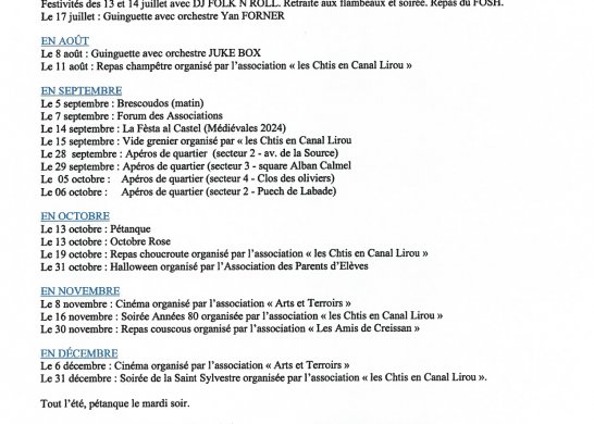 Festivités organisées en 2024 à Creissan