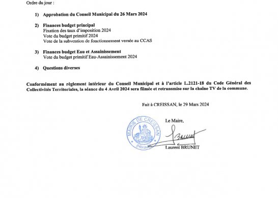 Conseil municipal jeudi 4 avril 2024