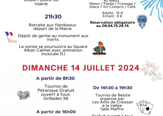 Programme du samedi 13 et dimanche 14 juillet 2024 à Creissan