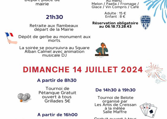 Programme du samedi 13 et dimanche 14 juillet 2024 à Creissan