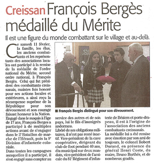 François Berges - Chevalier de l’Ordre National du Mérite. Creissan